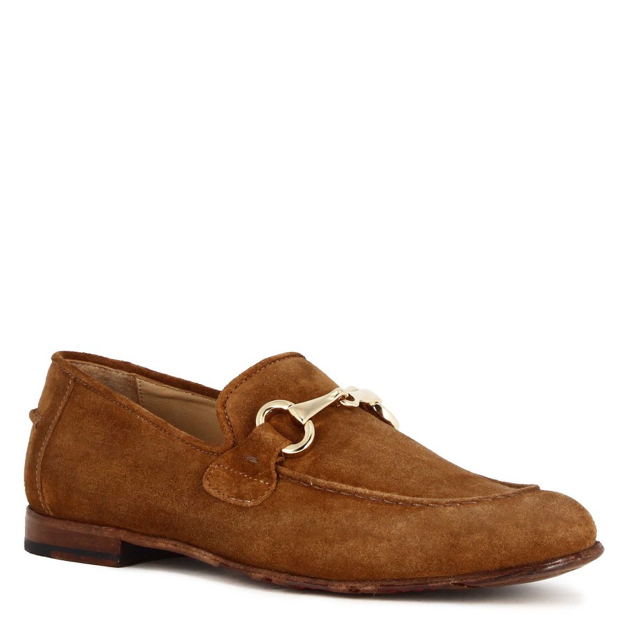 Leonardo Men'S Moccasin In Light Brown Suede With Gold-Coloured Clamp