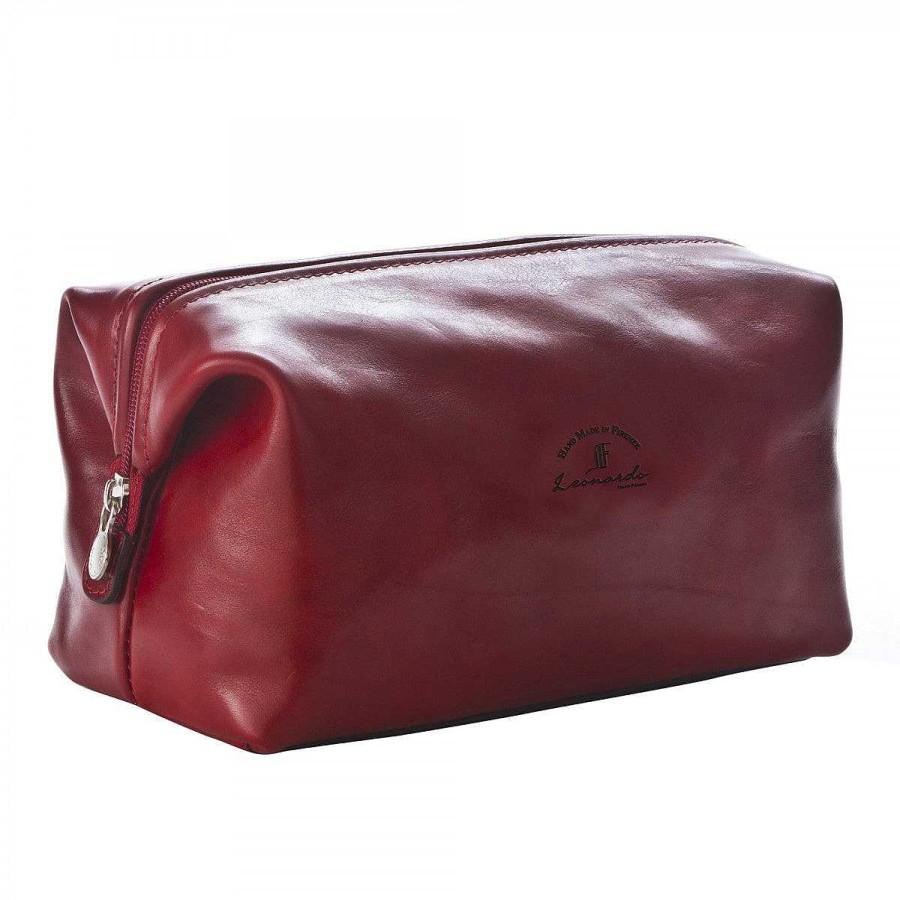 Leonardo Small Toiletry Bag In Full Grain Leather With Zip Closure And Utility Pocket