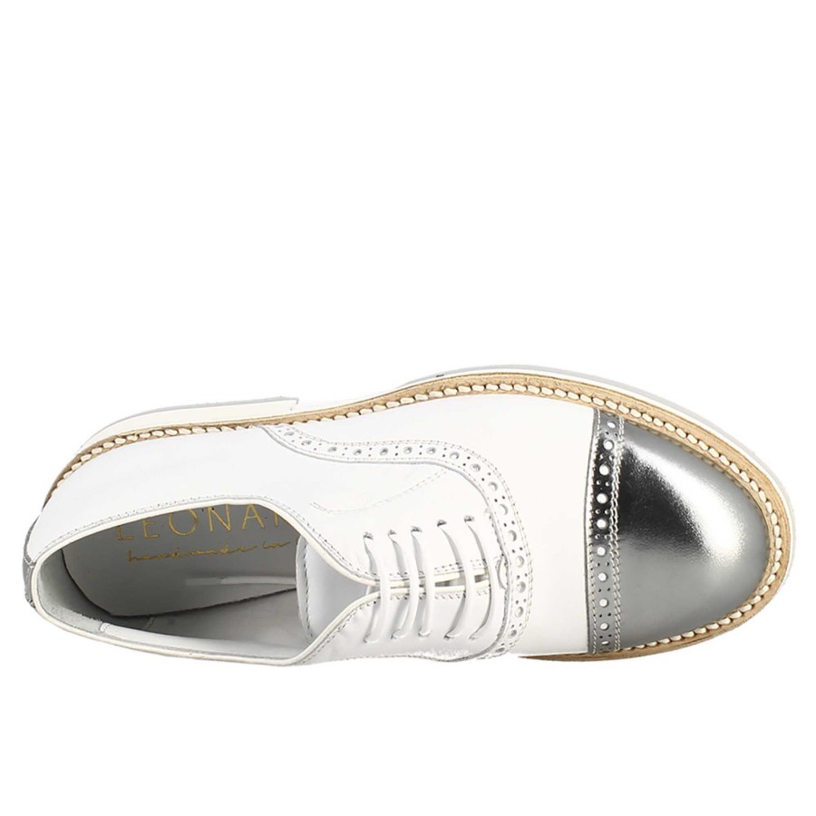 Leonardo Handcrafted Women'S Golf Shoes In White Leather And Silver Details