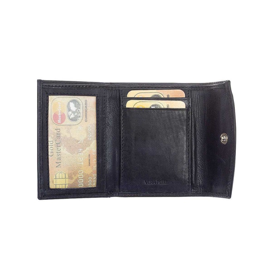 Leonardo Sauvage Uni Wallet Handmade In Black Calfskin, Card Holder, Banknotes And Coins