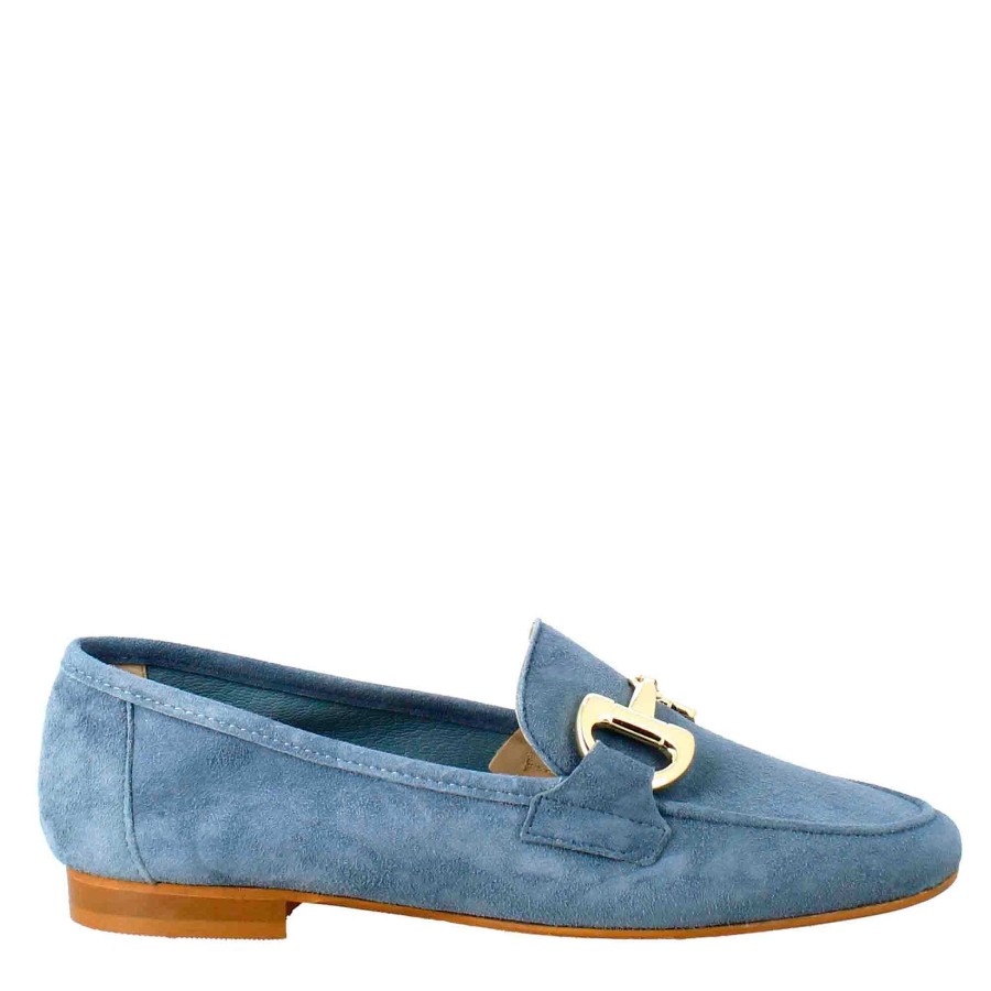 Leonardo Women'S Moccasin In Light Blue Suede With Gold Buckle