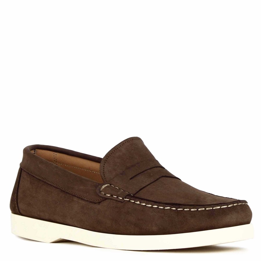 Leonardo Casual Men'S Boat Moccasin In Dark Brown Leather