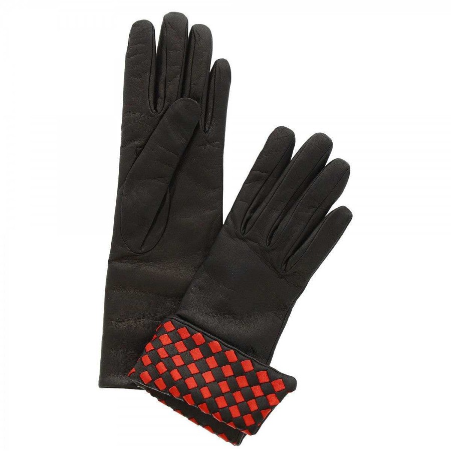 Leonardo Handmade Women'S Gloves In Black Nappa With Red-Black Weaving On The Wrist