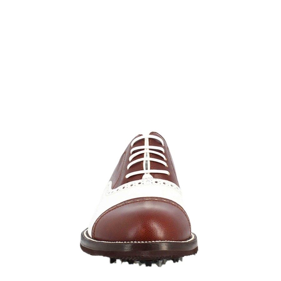 Leonardo Lrp Handcrafted Women'S Golf Shoes In White And Brown Leather With Brogue Details