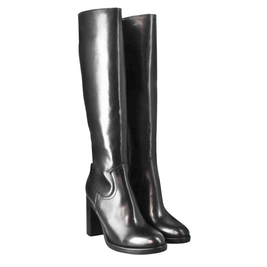 Leonardo Smooth Women'S Knee High Boot With High Heel In Black Leather