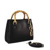 Leonardo Bamboo Women'S Bag In Black Leather With Wooden Handles And Shoulder Strap