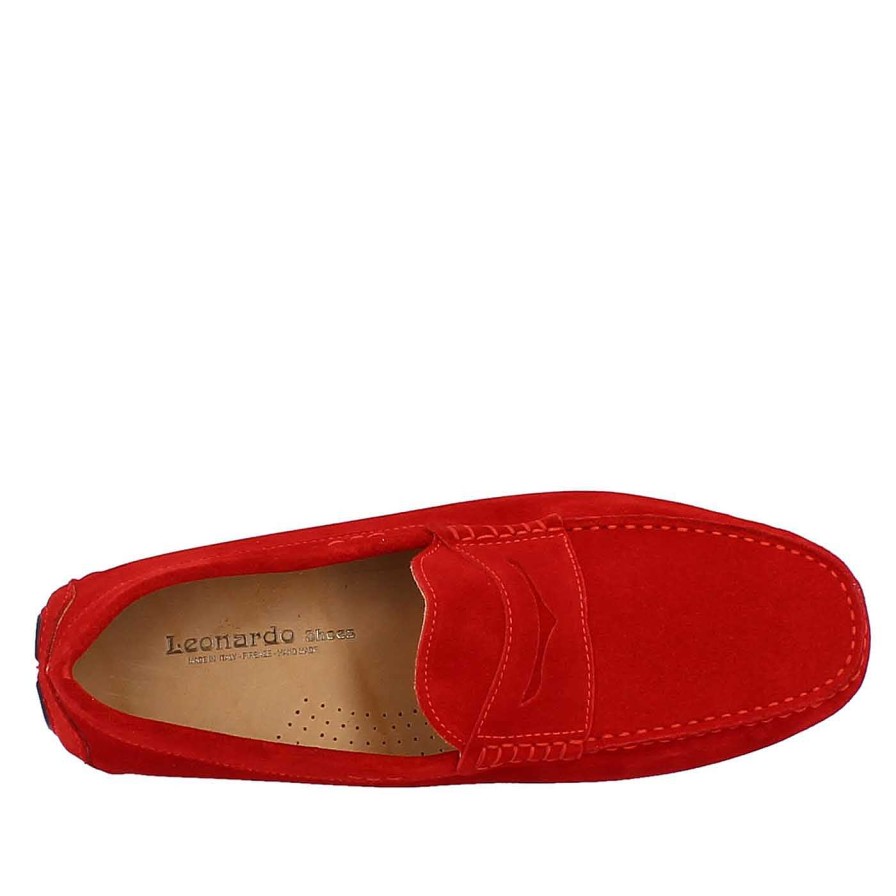 Leonardo Handcrafted Carshoe Moccasins For Men In Red Suede.