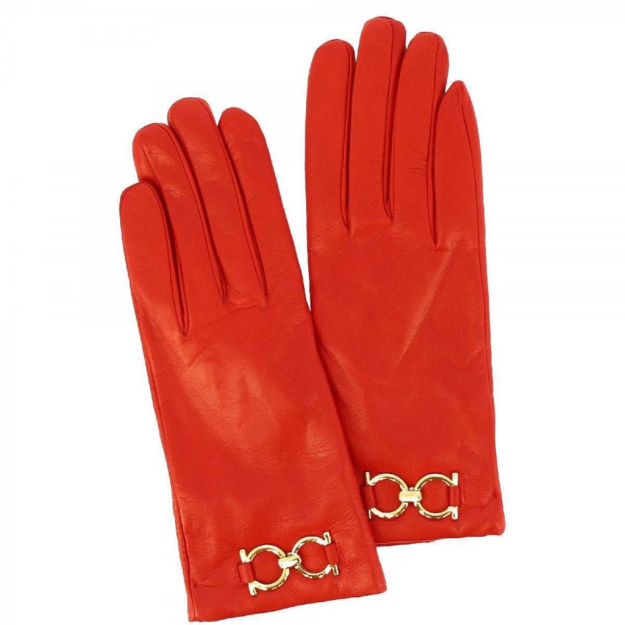 Leonardo Handmade Women'S Morsetto Model Gloves With Buckle In Red Nappa