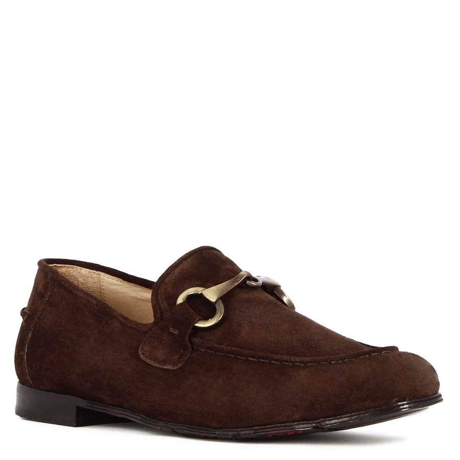 Leonardo Men'S Moccasin In Dark Brown Suede With Gold-Coloured Clamp