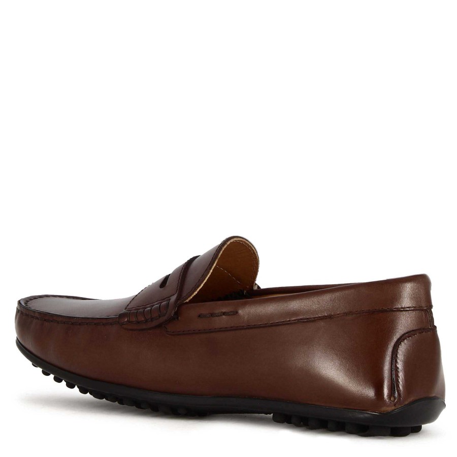 Leonardo Casual Men'S Moccasin In Dark Brown Leather With Rubber Pebbled Sole