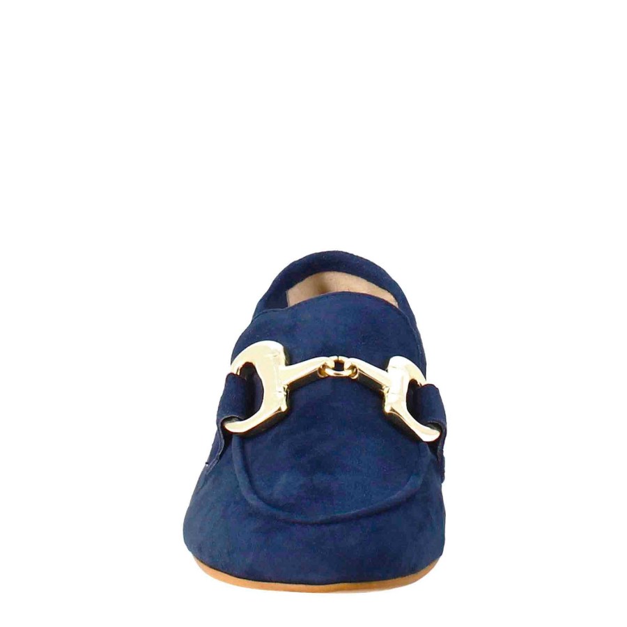 Leonardo Women'S Moccasin In Blue Suede With Gold Buckle