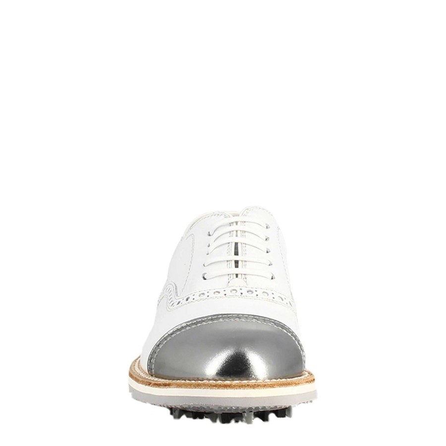 Leonardo Handcrafted Men'S Golf Shoes In White Leather And Silver Details