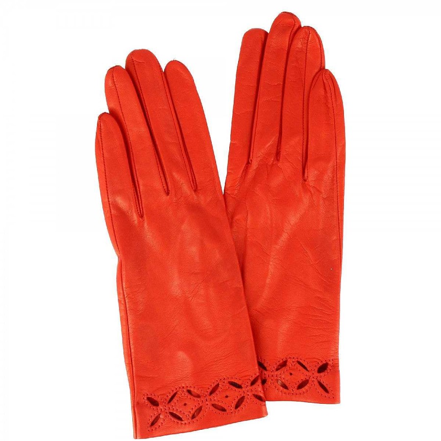 Leonardo Handmade Women'S Quadrifoglio Gloves In Red Nappa With Decoration