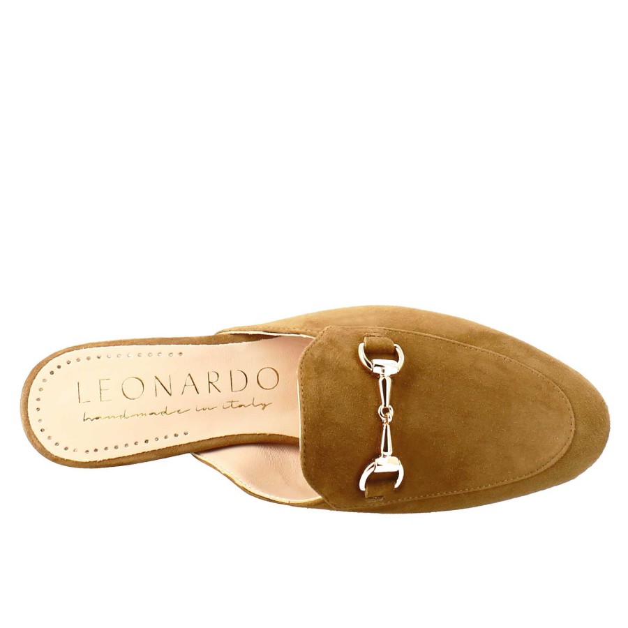 Leonardo Women'S Mules In Light Brown Suede With Gold Buckle