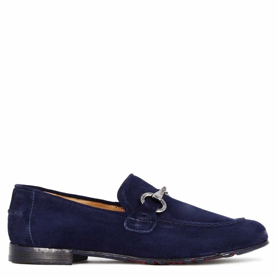 Leonardo Men'S Moccasin In Blue Suede With Silver-Coloured Clamp