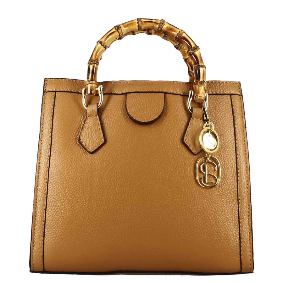 Leonardo Bamboo Women'S Bag In Brown Leather With Wooden Handles And Shoulder Strap