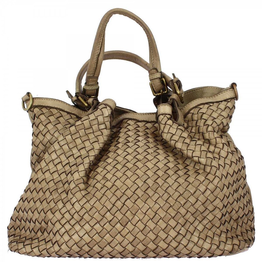 Leonardo Petrarca Women'S Handmade Bag In Taupe Woven Leather With Shoulder Strap