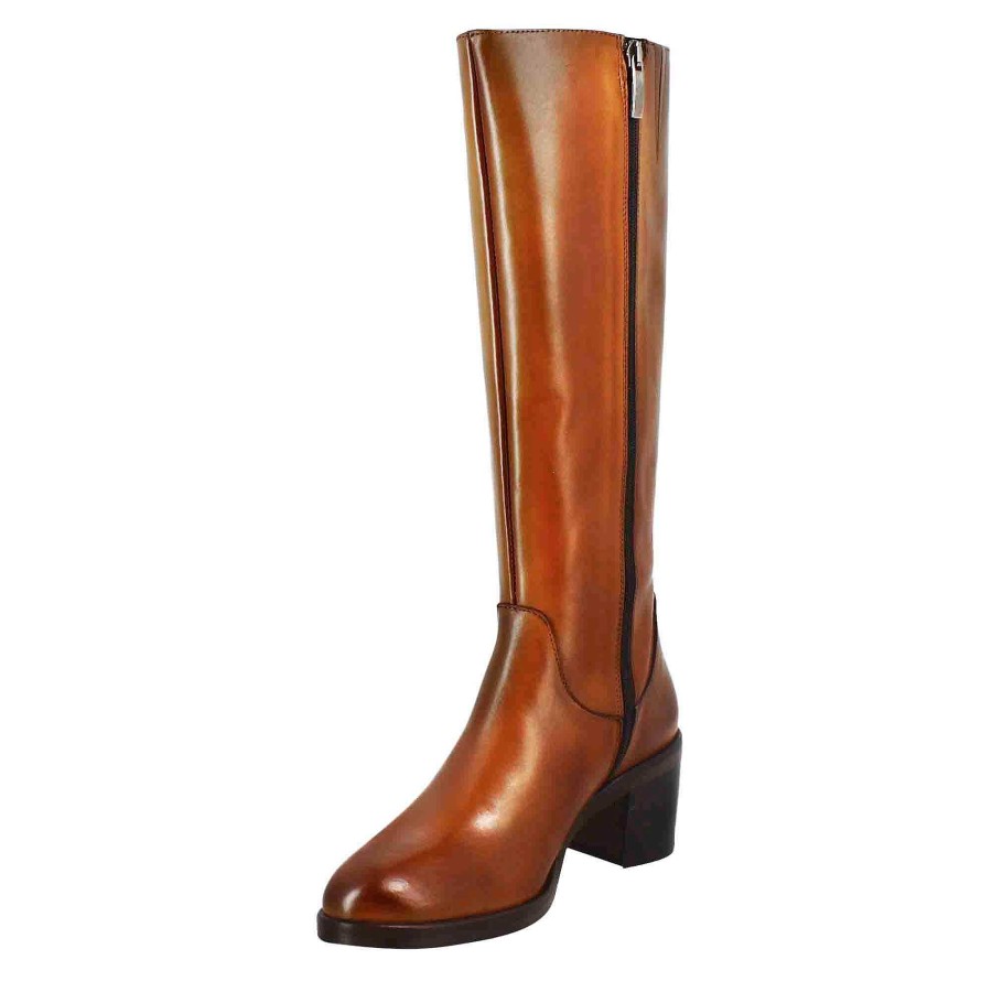 Leonardo Smooth Women'S Knee-High Boot With Medium Heel In Brown Leather