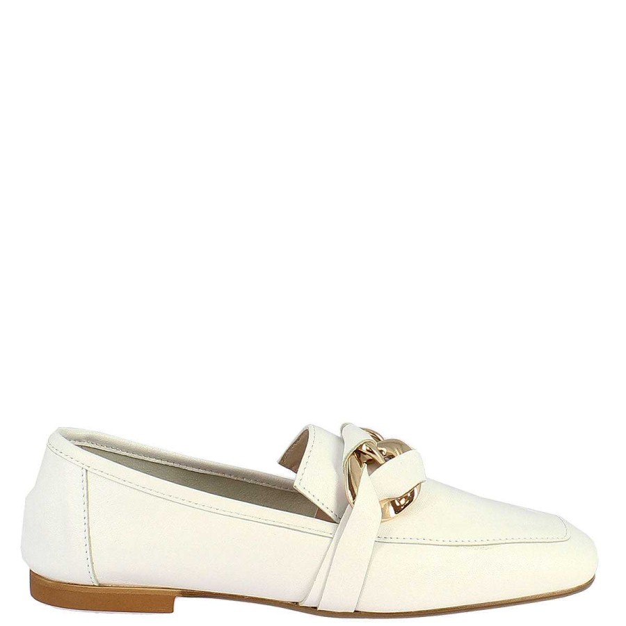 Leonardo Handmade White Calfskin Women'S Moccasin With Decorated Horsebit.