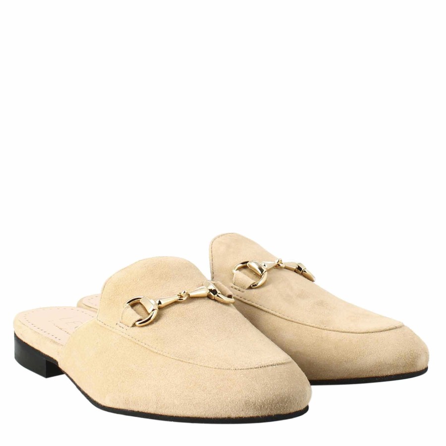 Leonardo Women'S Mule In Beige Suede With Gold Buckle