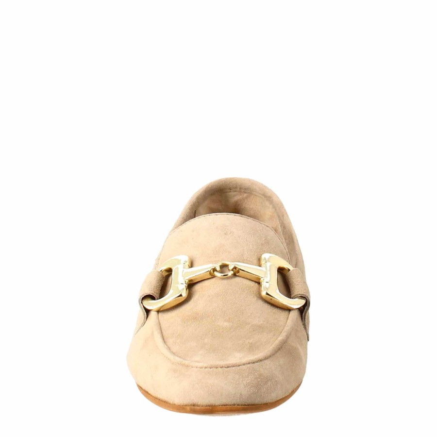 Leonardo Women'S Moccasin In Taupe Suede With Gold Buckle