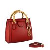 Leonardo Mini Bamboo Women'S Handbag In Red Leather With Wooden Handles And Shoulder Strap