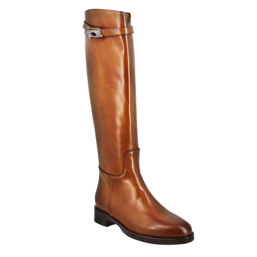 Leonardo Smooth Women'S Knee-High Boot With Low Heel In Tobacco-Colored Leather