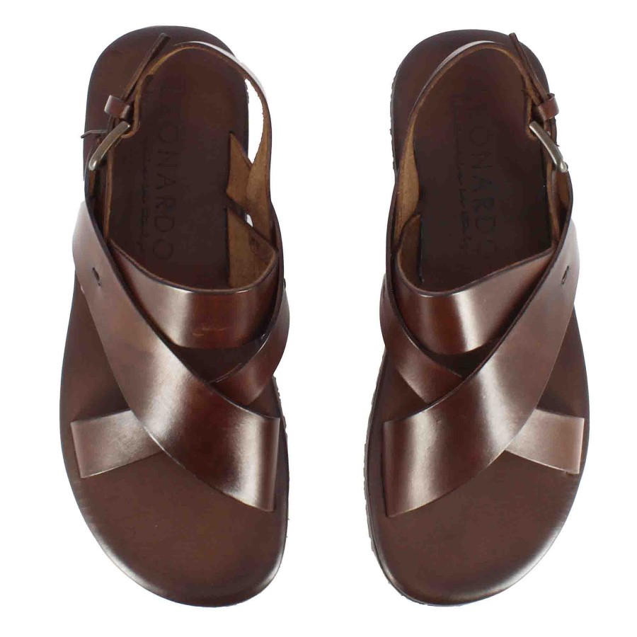 Leonardo Men'S Sandal With Woven Bands In Dark Brown Leather