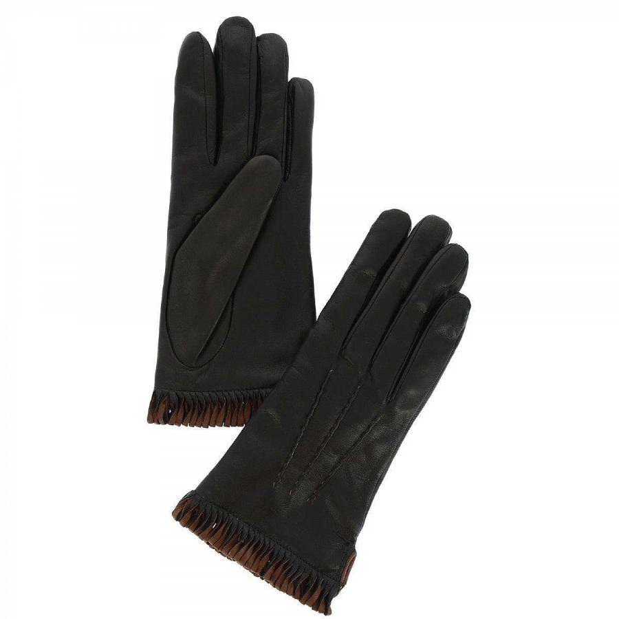 Leonardo Handmade Women'S Gloves In Black Nappa With Brown Edge