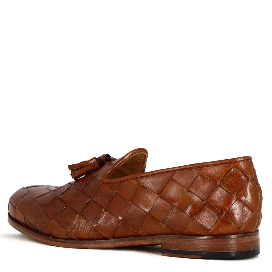 Leonardo Men'S Loafers With Tassels In Light Brown Woven Leather