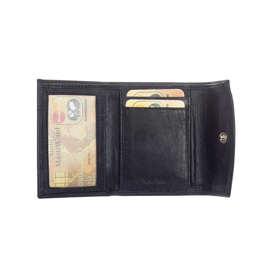 Leonardo Sauvage Uni Wallet Handmade In Black Calfskin, Card Holder, Banknotes And Coins