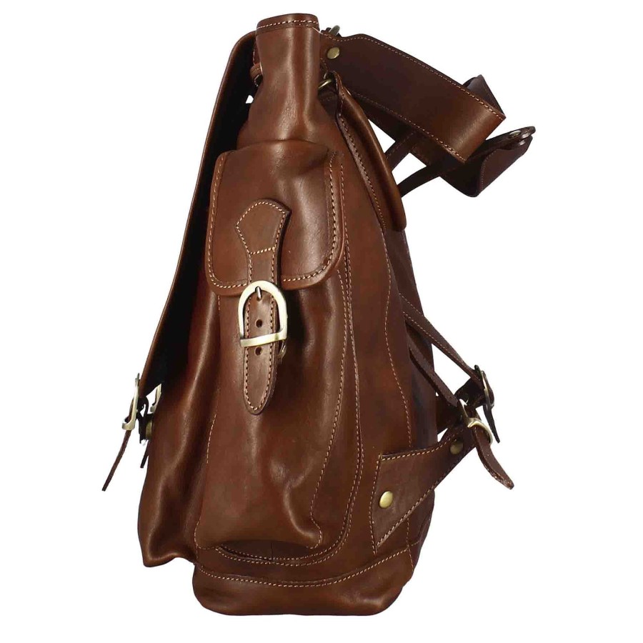 Leonardo Multi-Pocket Men'S Backpack In Full-Grain Leather With Brown Buckle Closure