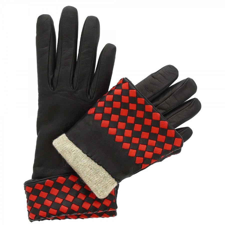 Leonardo Handmade Women'S Gloves In Black Nappa With Red-Black Weaving On The Wrist