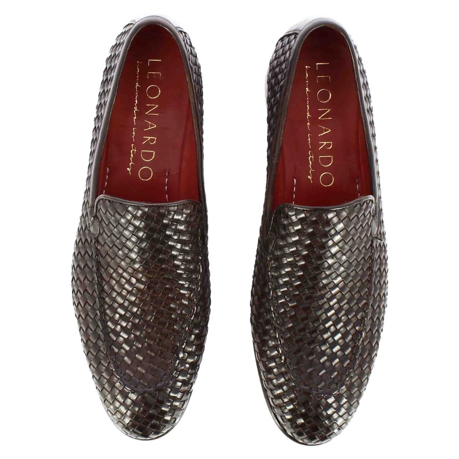 Leonardo Classic Men'S Moccasin In Dark Brown Woven Leather