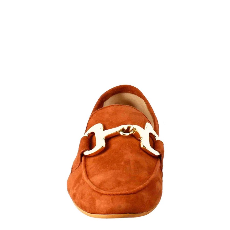 Leonardo Women'S Moccasin In Brown Suede With Gold Buckle