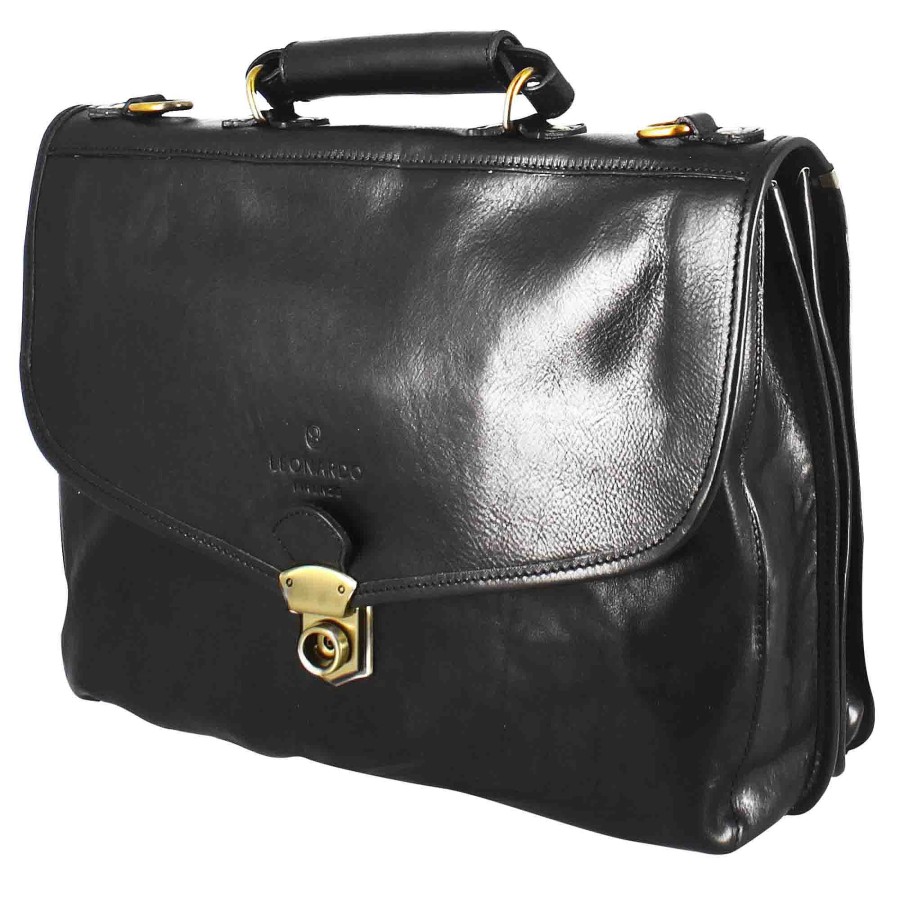 Leonardo Professional Men'S Work Briefcase In Full-Grain Leather With Black Flap Closure