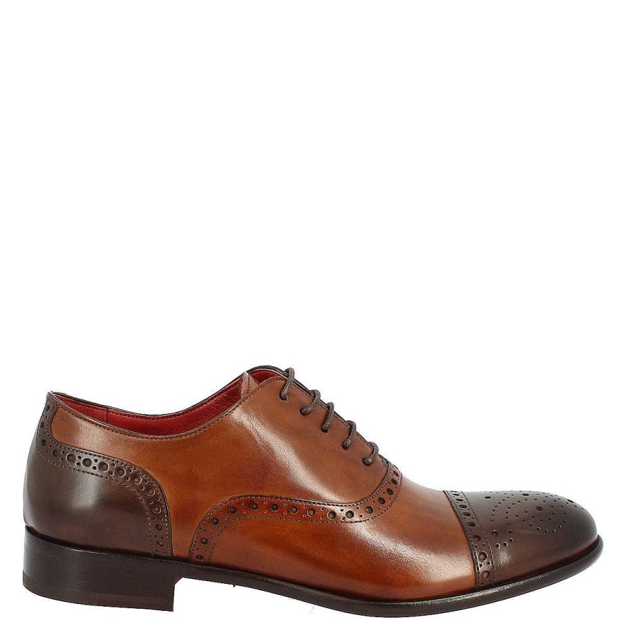 Leonardo Handmade Men'S Oxford Lace-Up Shoes In Montecarlo Brandy And Dark Brown Leather