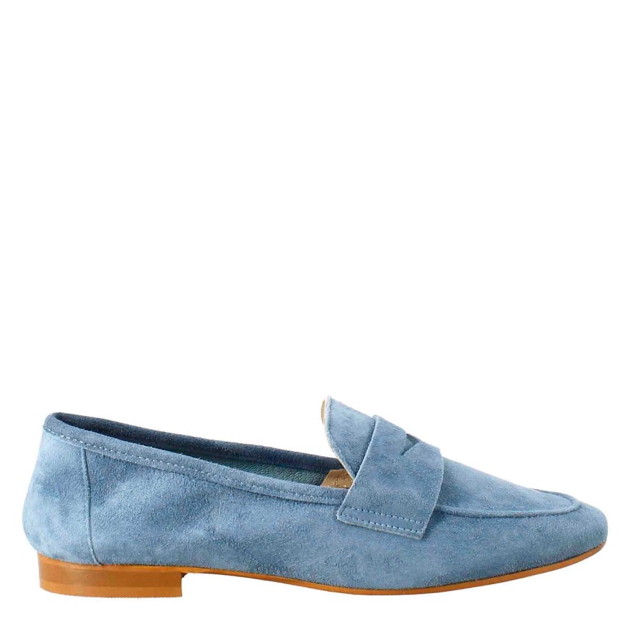 Leonardo Flexible Women'S Moccasin In Light Blue Suede And Rubber Sole