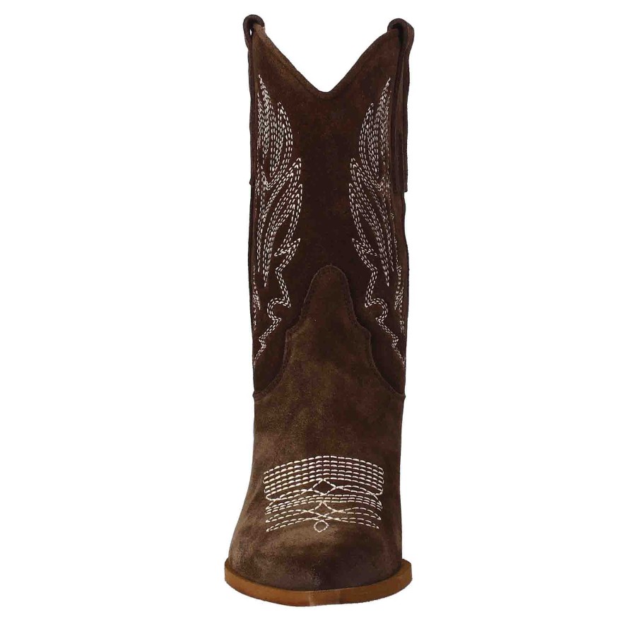 Leonardo Women'S Low Texan Boots In Dark Brown Suede With Embroidery.