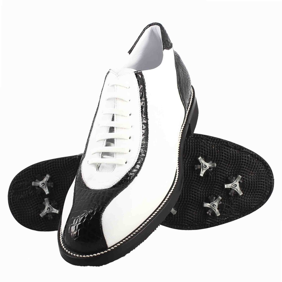 Leonardo Handcrafted Women'S Golf Shoes In White Leather And Black Coconut Details