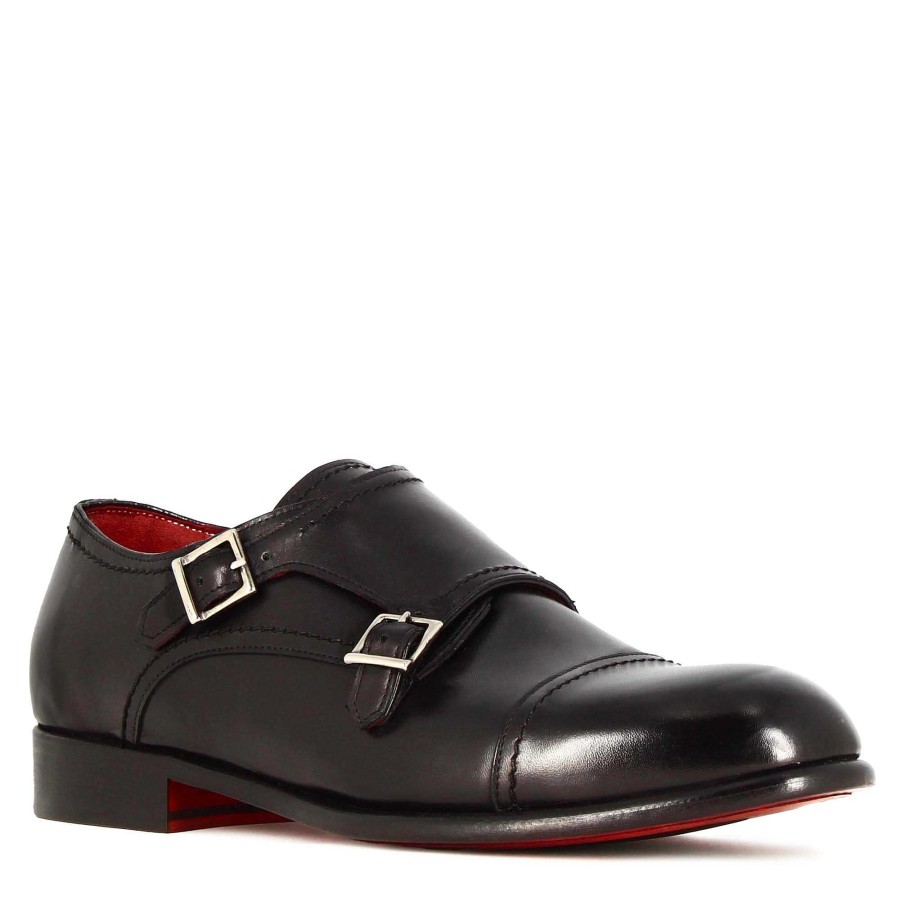 Leonardo Men'S Double Buckle Shoe In Black Leather