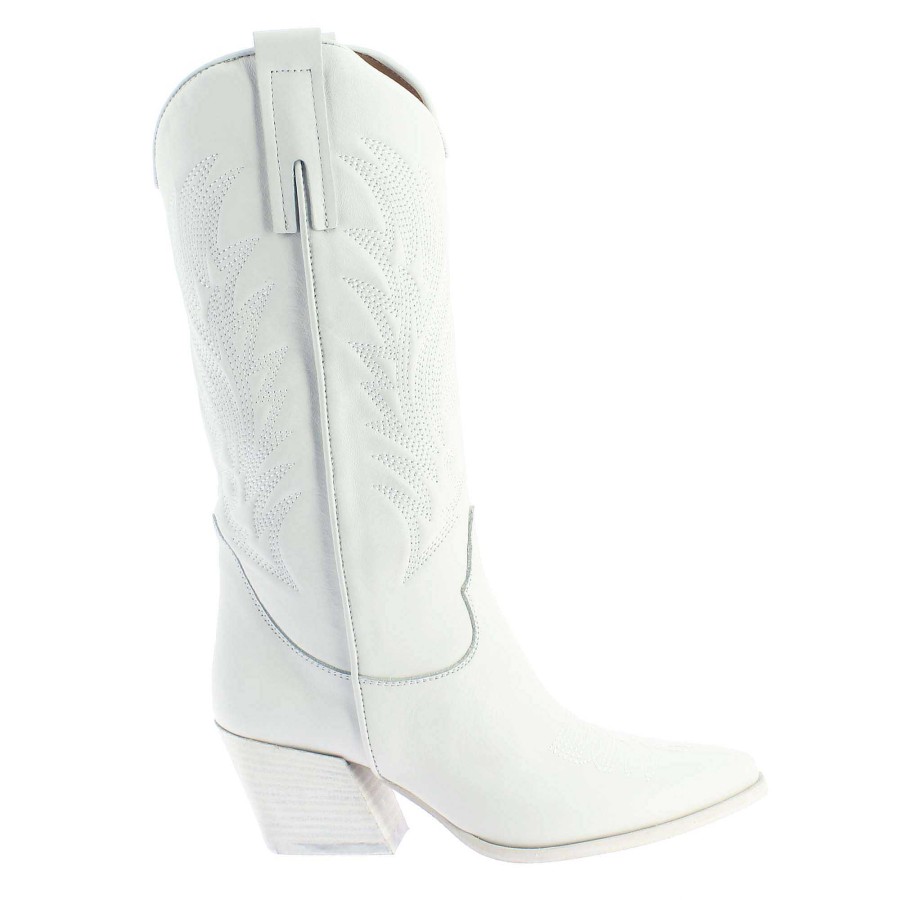 Leonardo Women'S Medium Texan Boots In White Leather With Embroidery.