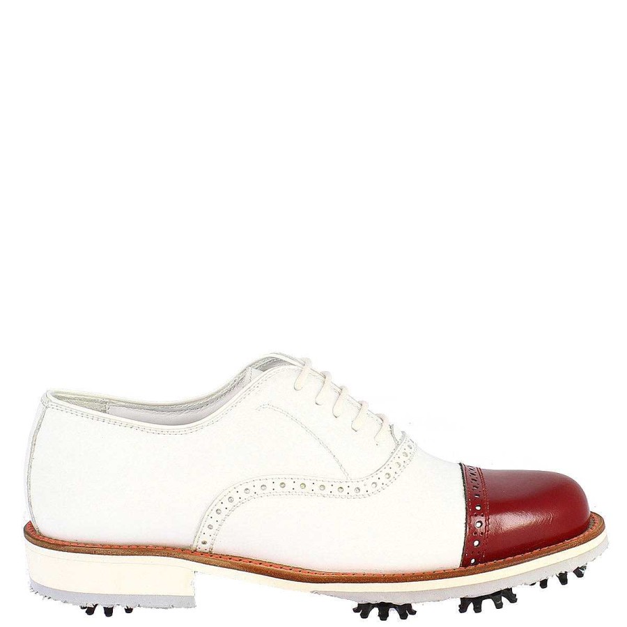 Leonardo Handcrafted Women'S Golf Shoes In White Leather With Red Toe Cap