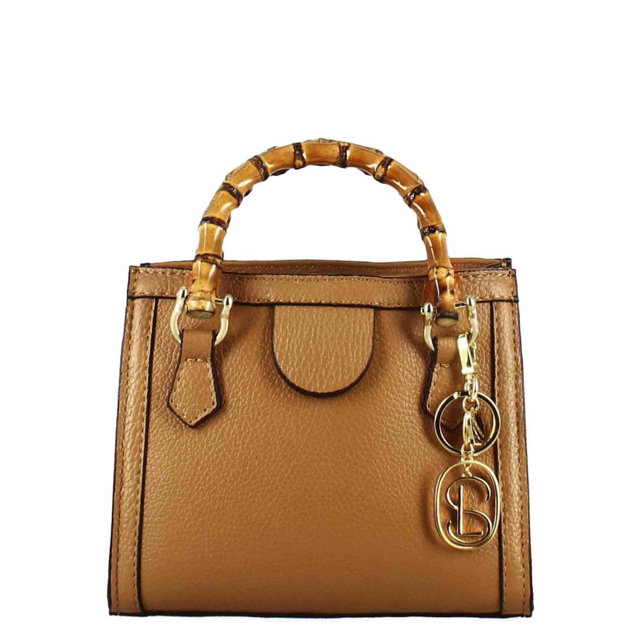 Leonardo Mini Bamboo Women'S Handbag In Brown Leather With Wooden Handles And Shoulder Strap