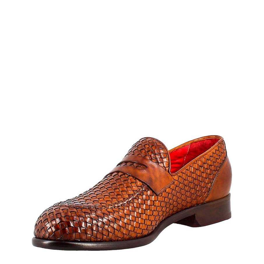 Leonardo Elegant Brown Men'S Loafer In Woven Full Grain Leather