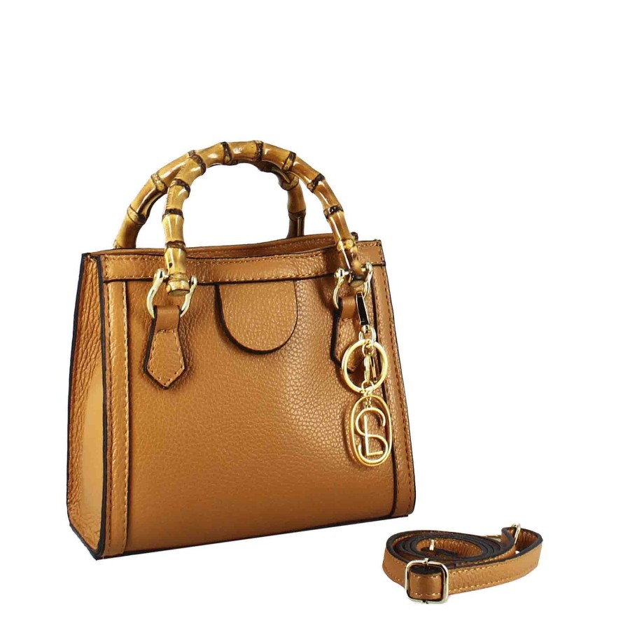 Leonardo Mini Bamboo Women'S Handbag In Brown Leather With Wooden Handles And Shoulder Strap