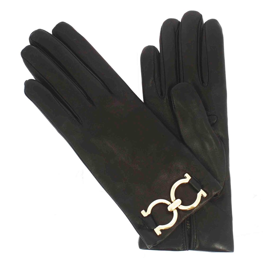 Leonardo Women'S Black Leather Glove With Gold Clamp And Cashmere Lining