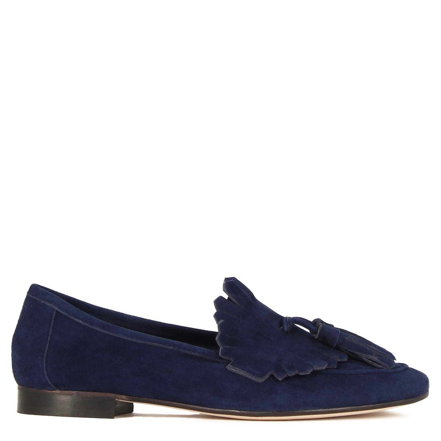 Leonardo Classic Women'S Moccasin In Suede With Dark Blue Tassels