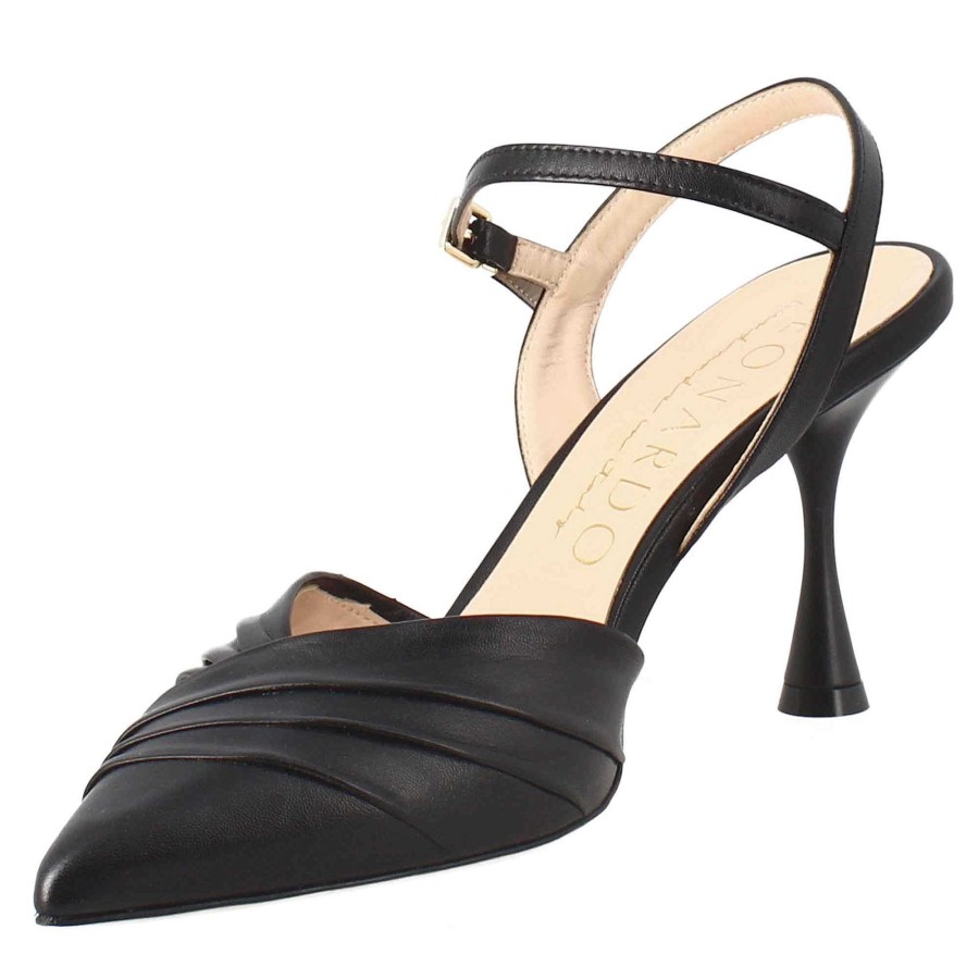 Leonardo Pointed Women'S Sandal In Black Leather With Heel