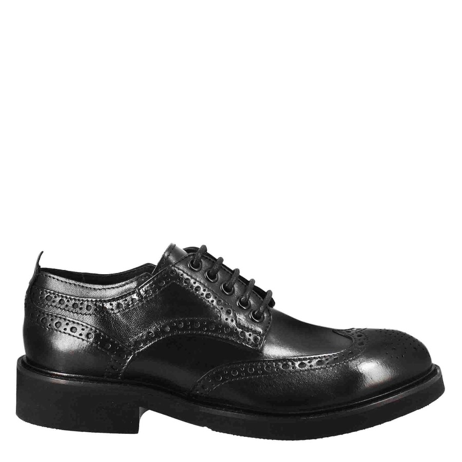 Leonardo Women'S Derby With Paupa Brogue Details In Black Washed Leather